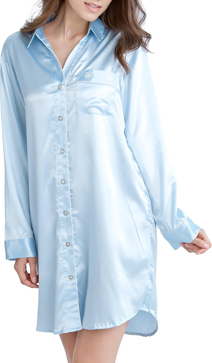 Nachthemd Damen, Satin Nachtkleid Langarm Nachtwäsche mit Knopfleiste Schlafhemd Freizeitkleidung, S