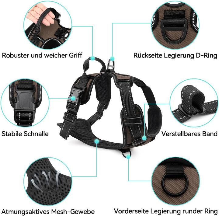 Joytale Anti-Zug Hundegeschirr für grosse Hunde, Braun, L | Perfekter Sitz, gepolstert &amp; reflektiere