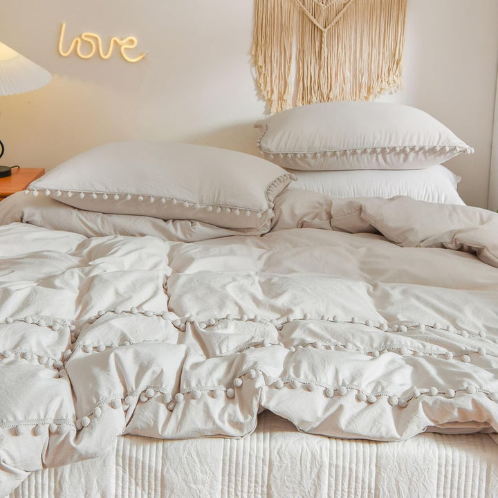 Freyamy Böhmen Bettwäsche 135x200cm 4teilig Beige Pom Pom Boho Chic Wendebettwäsche Gewaschene Micro