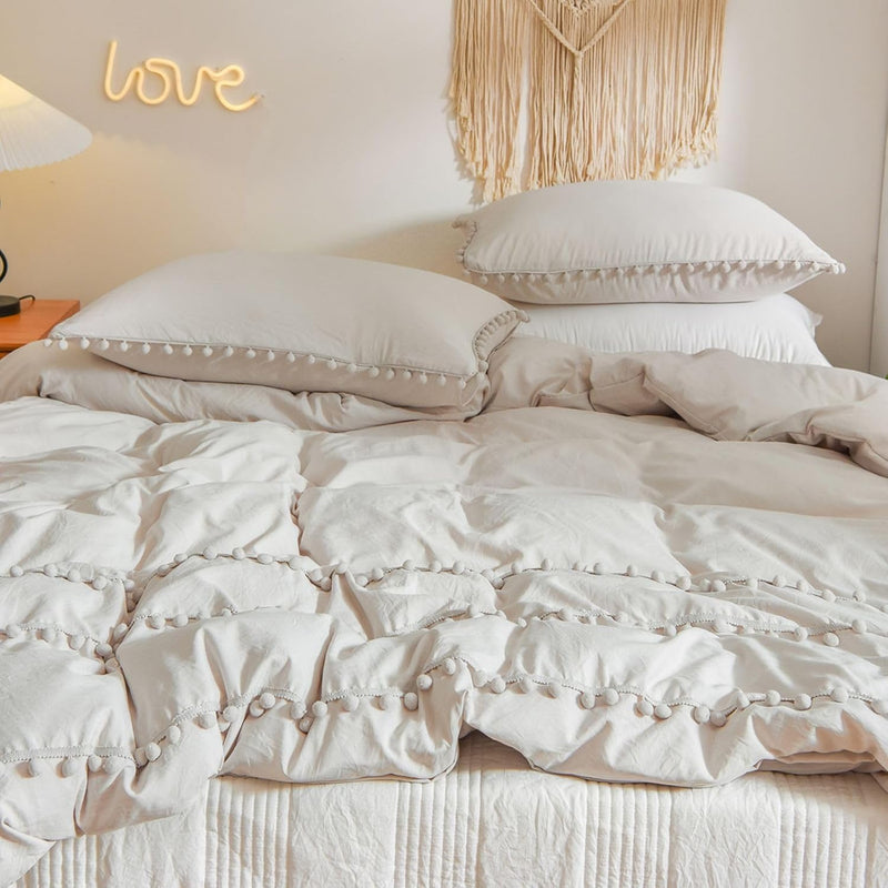 Freyamy Böhmen Bettwäsche 135x200cm 4teilig Beige Pom Pom Boho Chic Wendebettwäsche Gewaschene Micro