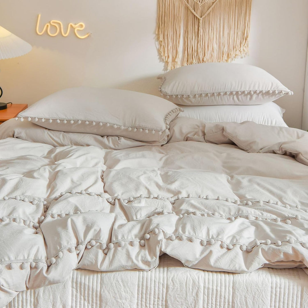 Freyamy Böhmen Bettwäsche 135x200cm 2teilig Beige Pom Pom Boho Chic Bettwäsche Gewaschene Microfaser