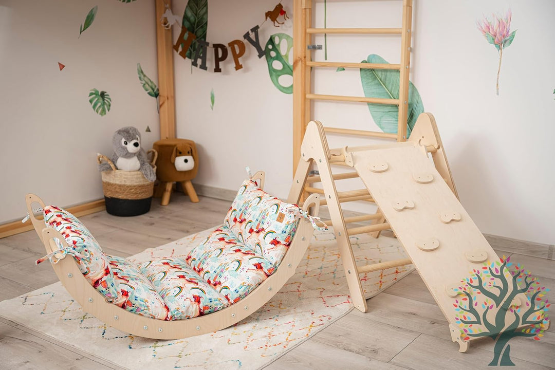 WoodsCraft Kletterbogen mit Kissen - Holz Klettergerüst Indoor - Hypoallergen Kissen für Kletterboge
