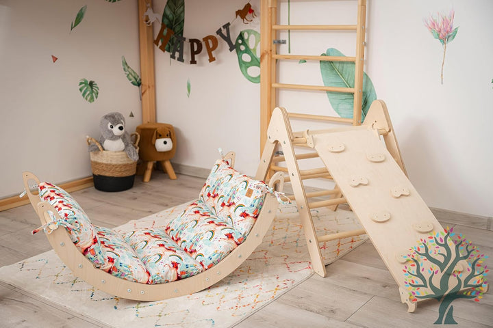 WoodsCraft Kletterbogen mit Kissen - Holz Klettergerüst Indoor - Hypoallergen Kissen für Kletterboge