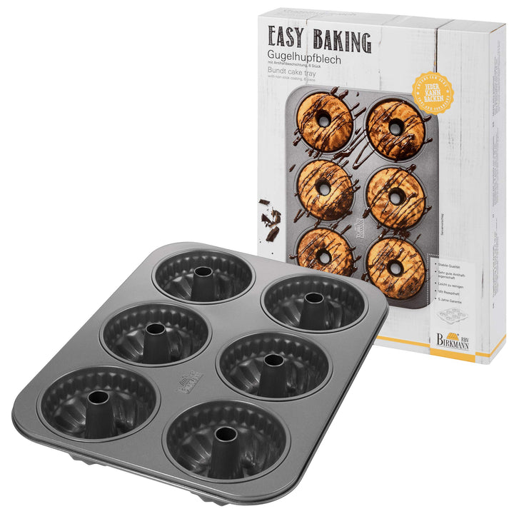 Birkmann Easy Baking Gugelhupfblech 6-fach, Karbonstahl Backform antihaftbeschichtet für Mini-Gugelh