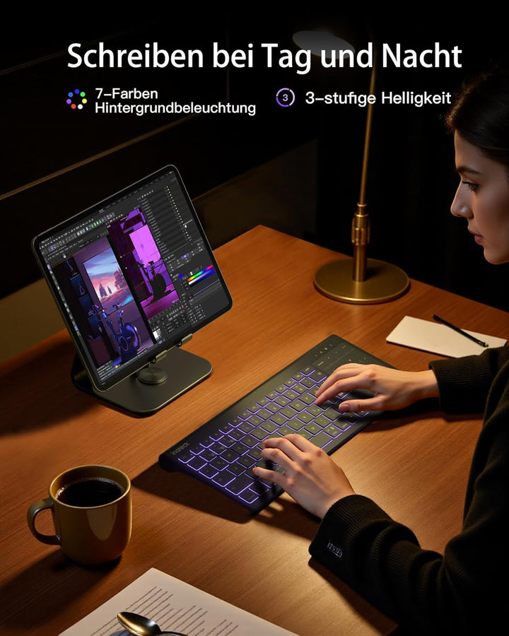 Inateck Tablet Tastatur, 2-IN-1 Ziffernblock&TouchpadVersteckter Ständer, 3 BT-Kanäle, 7-Farben Hint