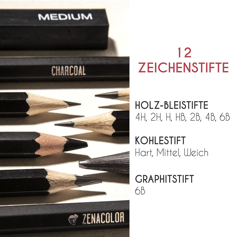 Komplettes Zeichnen Set mit Zeichenblock - 19 Zubehörteile: 8 Bleistifte, 3 Kohlestifte, 1 Graphit S