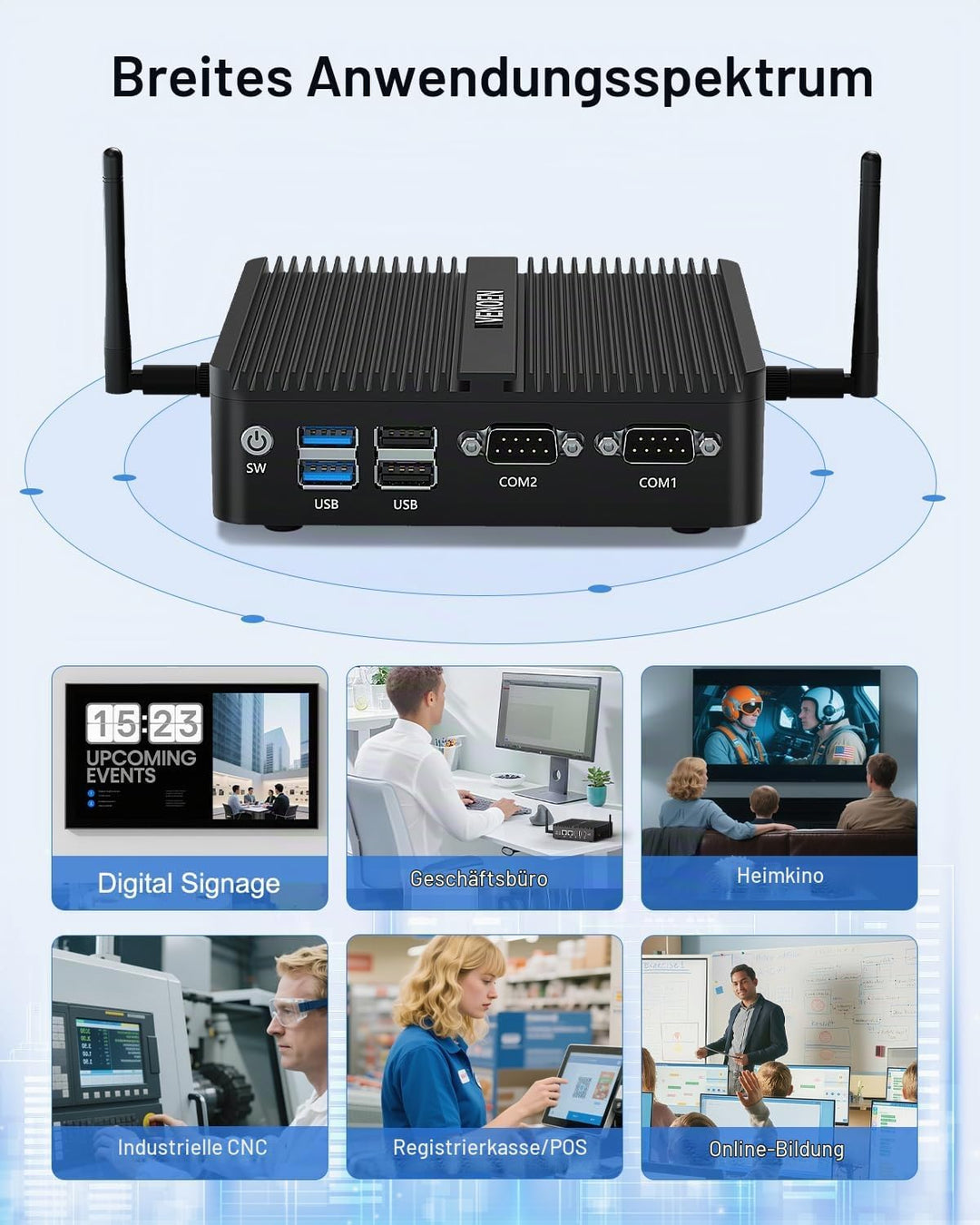 Lüfterloser Mini PC N100, Fanless PC Win 11 Pro, Alder Lake, 4K Dual HD, DP, 2xCOM, USB3.0, RJ45 Lan