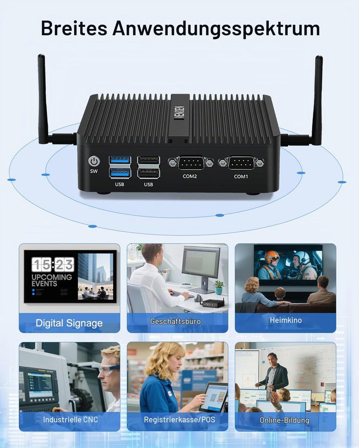 Lüfterloser Mini PC N100, Fanless PC Win 11 Pro, Alder Lake, 4K Dual HD, DP, 2xCOM, USB3.0, RJ45 Lan