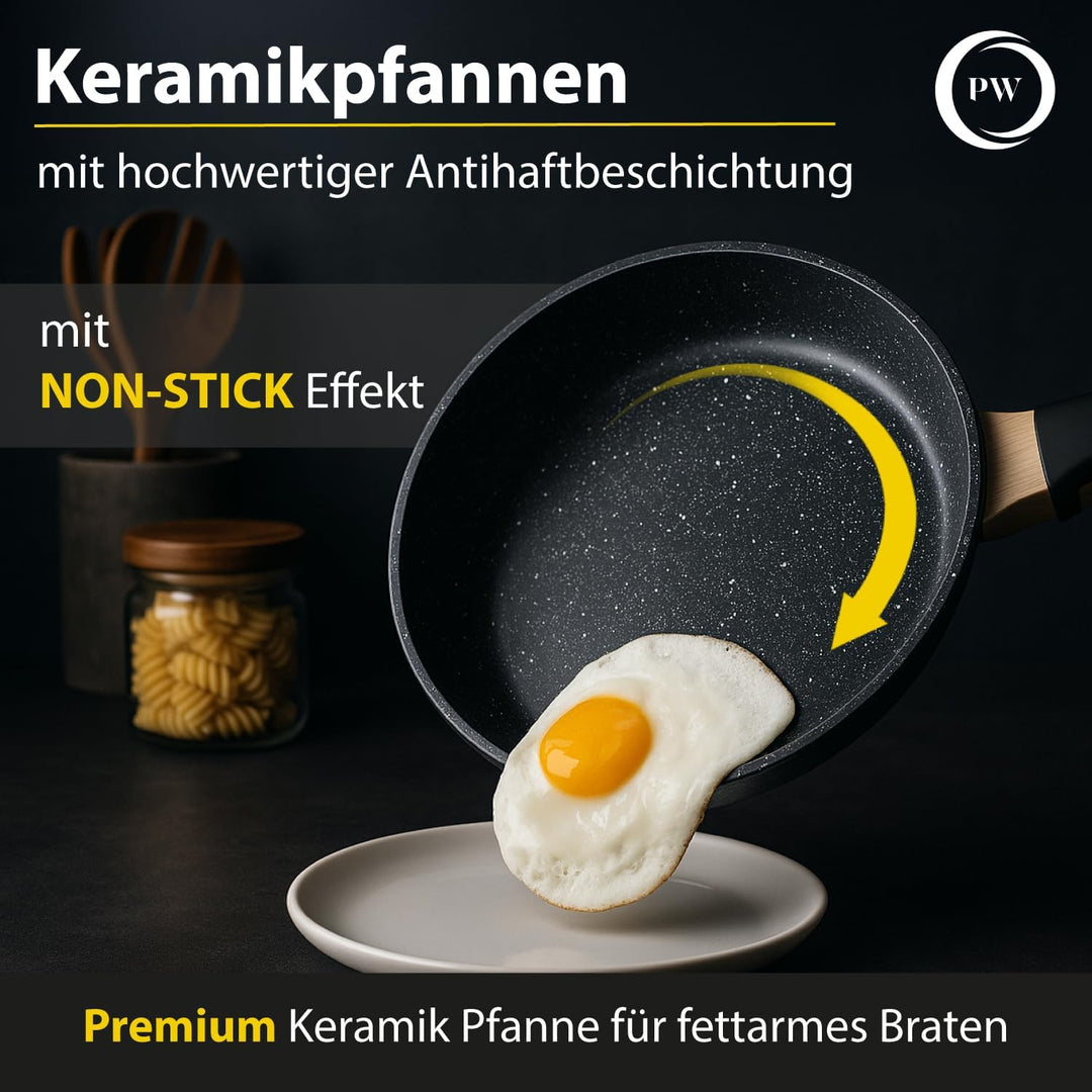 Pela Welle® Bratpfanne 28 cm Induktion, beschichtete Pfanne mit Deckel, schwarz | Bratpfanne Indukti