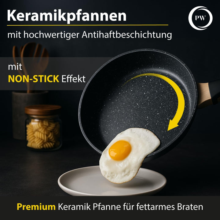 Pela Welle® Bratpfanne 28 cm Induktion, beschichtete Pfanne mit Deckel, schwarz | Bratpfanne Indukti