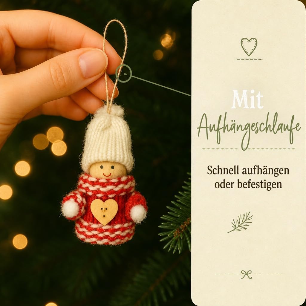 MIJOMA 12er Set Weihnachtswichtel – Handgemachter Baumschmuck aus Holz &amp; Stoff – Deko-Wichtel für Ta