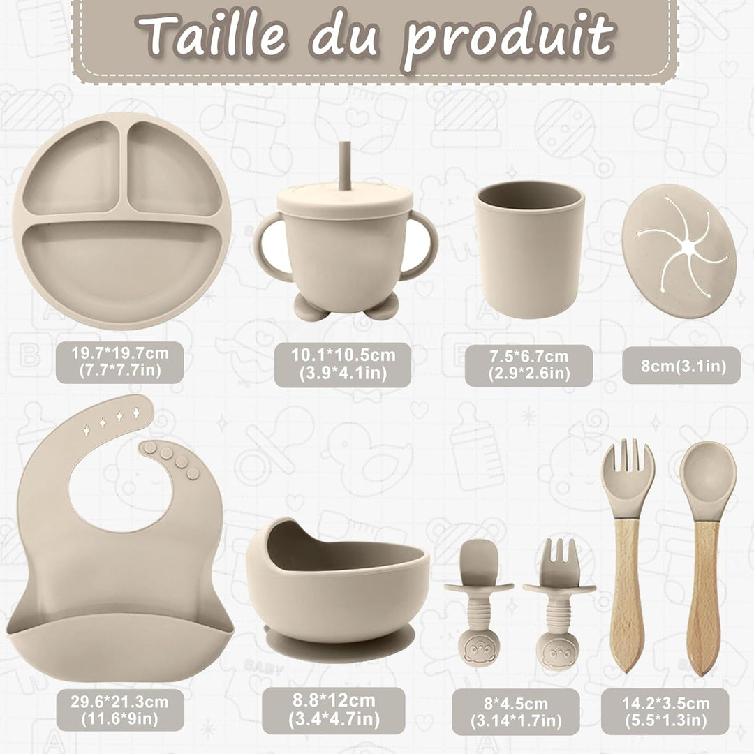 Baby Geschirrset,12er Set Kindergeschirr, Babylöffel,Trinklernbecher,Silikon Lätzchen,Baby Teller Ki
