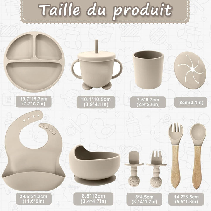Baby Geschirrset,12er Set Kindergeschirr, Babylöffel,Trinklernbecher,Silikon Lätzchen,Baby Teller Ki