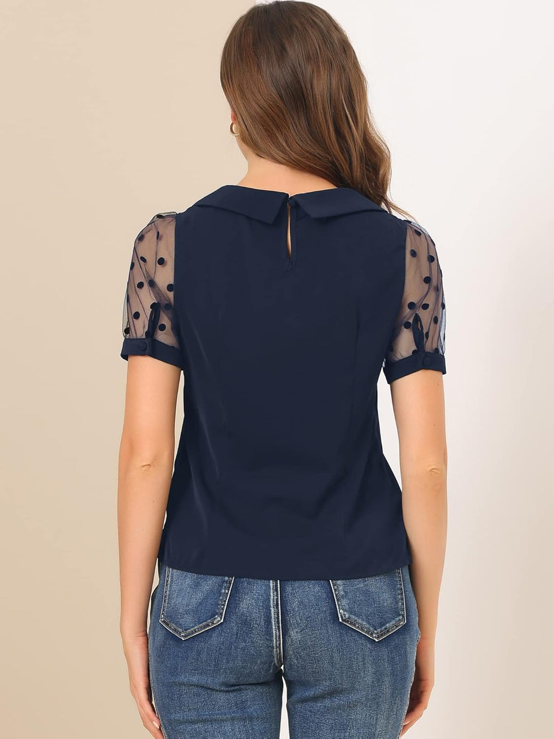 Allegra K Damen Puffärmel Vintage Bubikragen Oberteil Mesh Polka Punkte Top Bluse L Navy Blau, L Nav