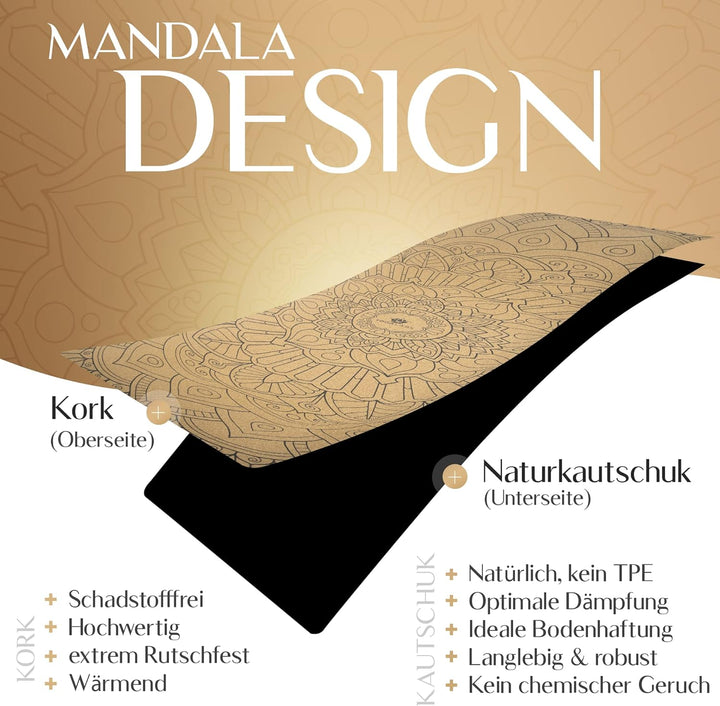 YOGALABS® - Premium 2-in-1 Yoga-Matte aus Kork & Naturkautschuk inkl. Tragegurt 183 x 61 x 0,4cm (gr