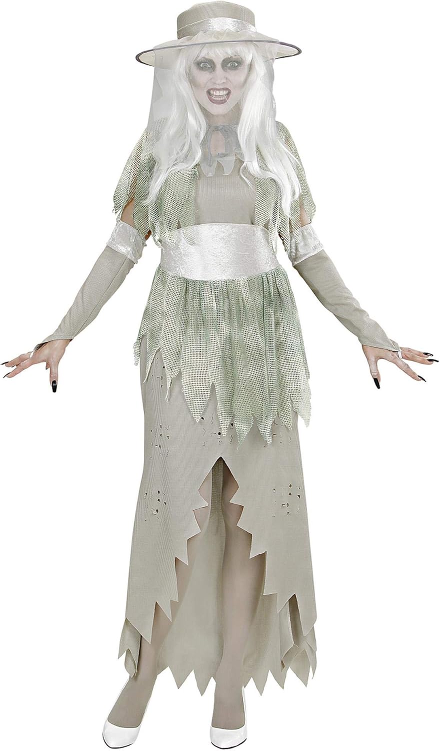 Widmann 98981 - Erwachsenenkostüm Geister Lady, Kleid mit Hut, Umhang, Gürtel und Handschuhe, S