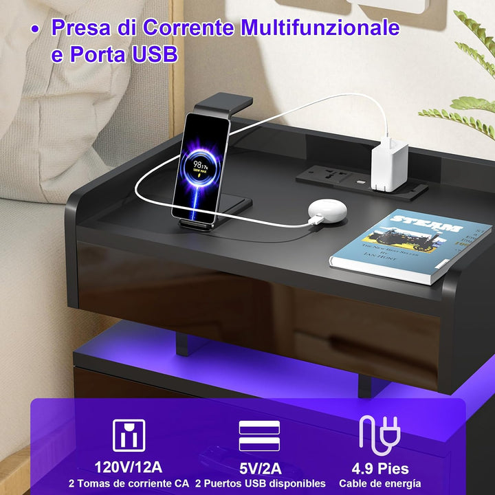 Lvhecforhm Nachttisch mit Ladestation, Nachtschrank mit Steckdosen und USB Anschlüsse, Nachttisch mi