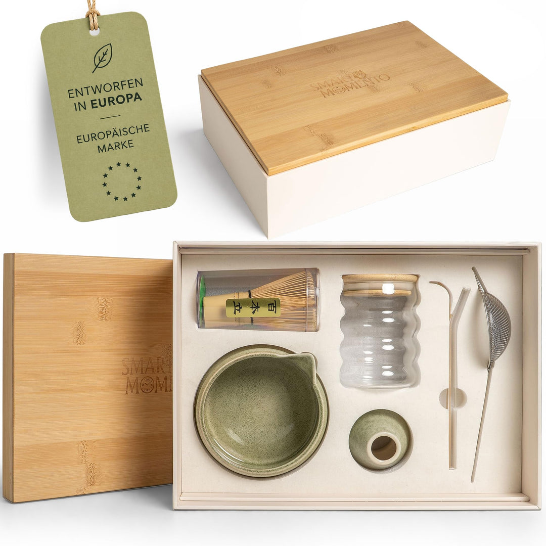 Matcha Set 8-teilig, Matcha Tee Set mit Matcha Schale mit Ausguss, Bambusbesen (Chasen), To Go Glas