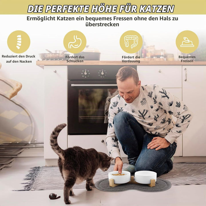 Katzennapf, 2 Stück Keramik Futternapf Katze Set, 3-in-1 rutschfeste Katzennäpfe mit Holzstände und