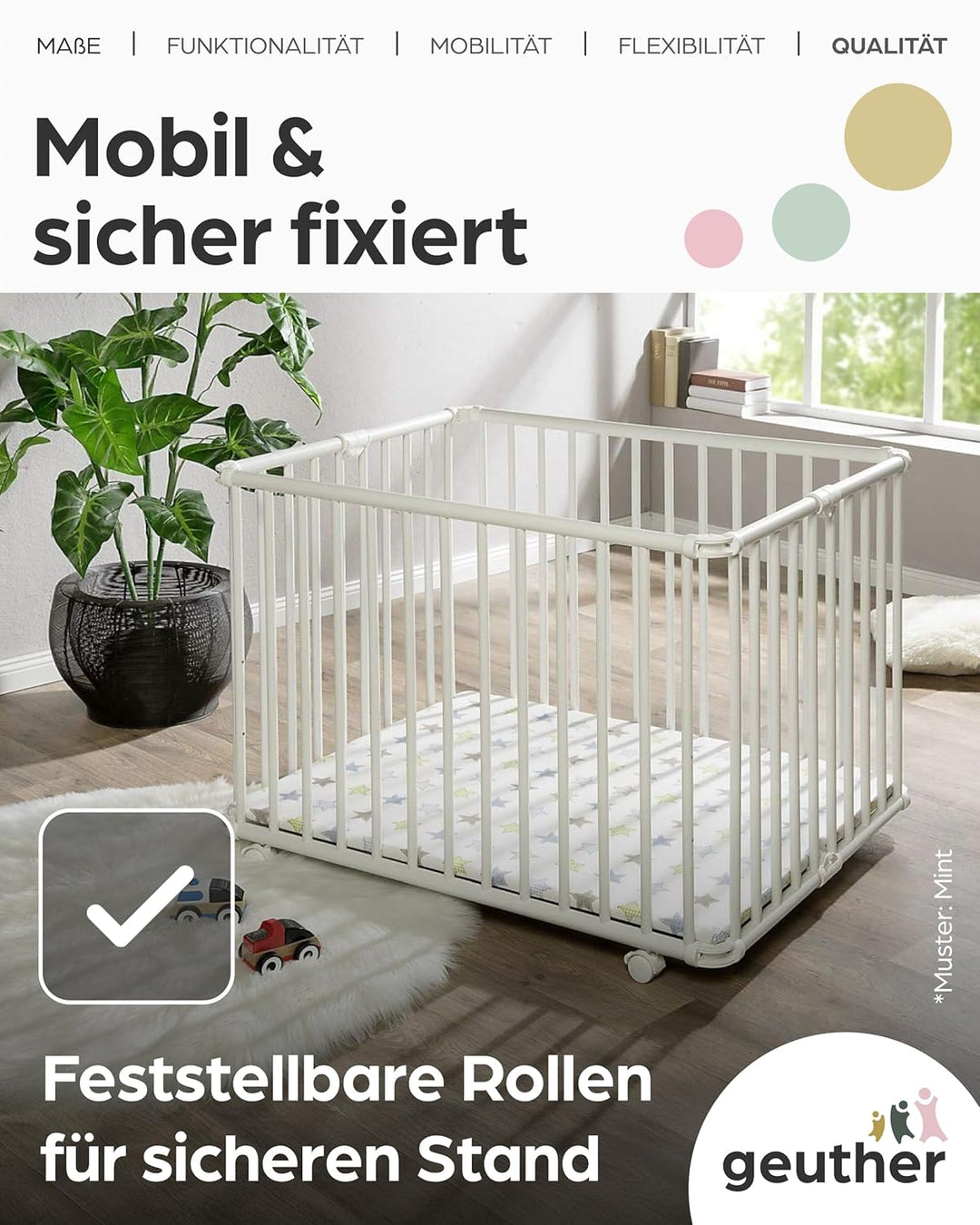Geuther Laufgitter Lucilee 76x97 cm I höhenverstellbar I werkzeuglos montiert I gepolsteter Baby-Lau