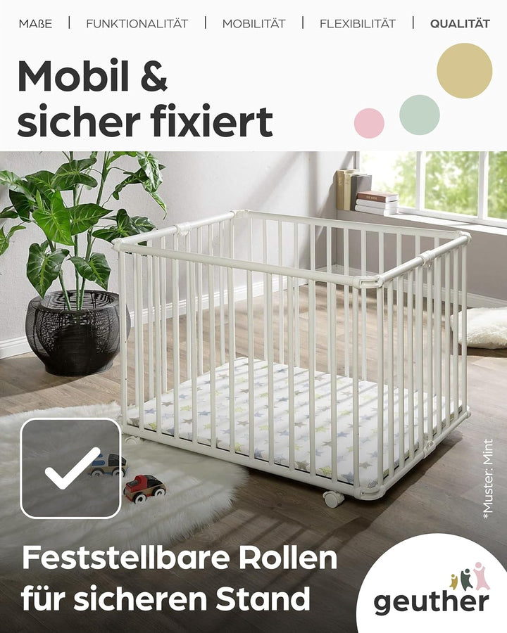 Geuther Laufgitter Lucilee 76x97 cm I höhenverstellbar I werkzeuglos montiert I gepolsteter Baby-Lau