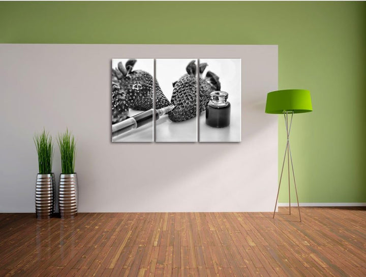 Pixxprint Erdbeeren mit Lebensmittelfarbe als Leinwandbild/Grösse: 3 Teilig (120x80) cm/Wandbild/Kun