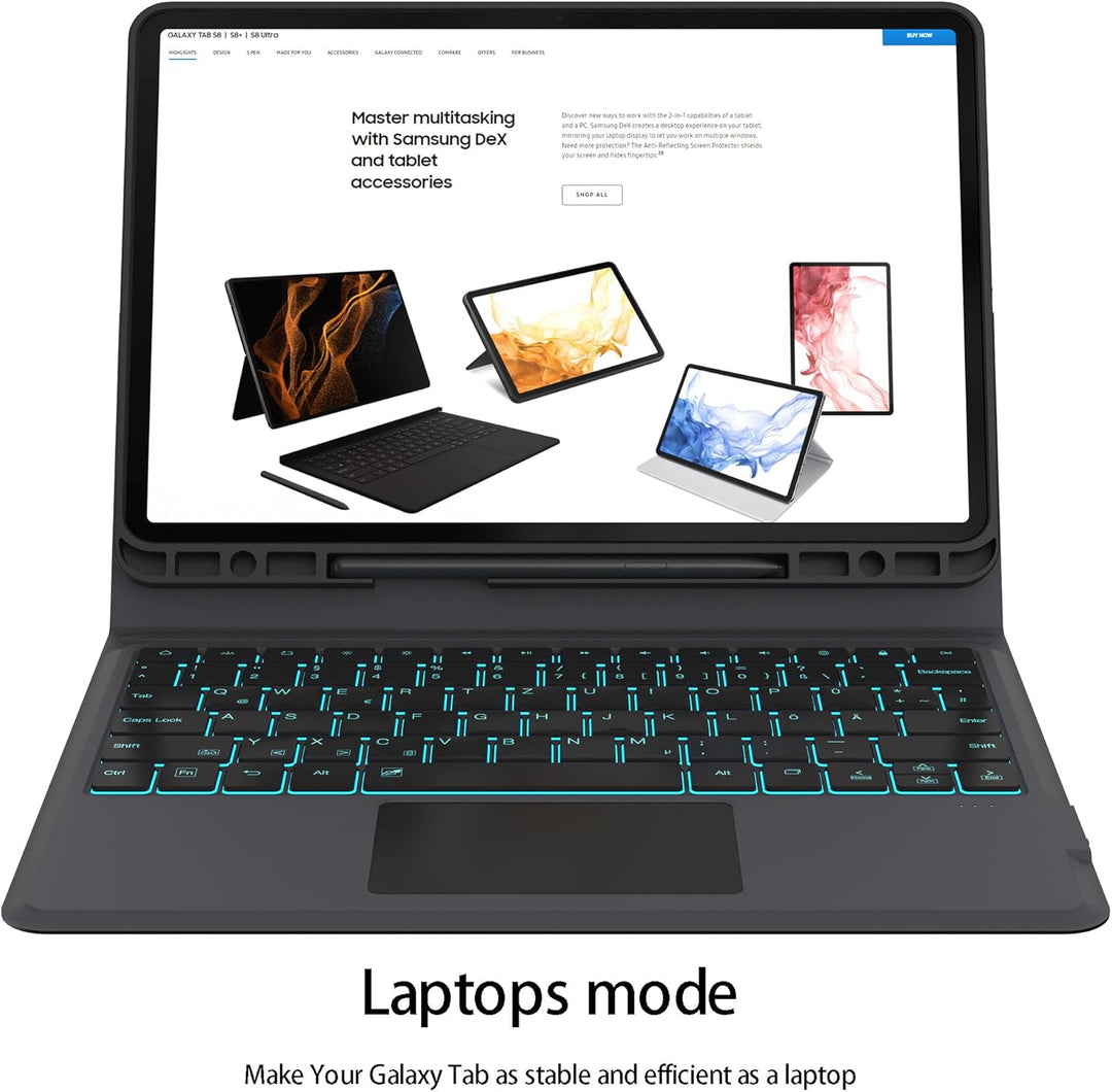 ROOFEI Galaxy Tab S7 FE/S8+/S7+ Hülle mit Tastatur QWERTZ : 7-Farbige Beleuchtung Tastatur mit Track