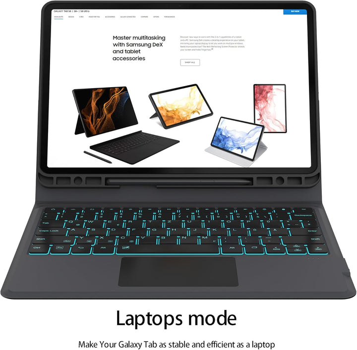ROOFEI Galaxy Tab S7 FE/S8+/S7+ Hülle mit Tastatur QWERTZ : 7-Farbige Beleuchtung Tastatur mit Track