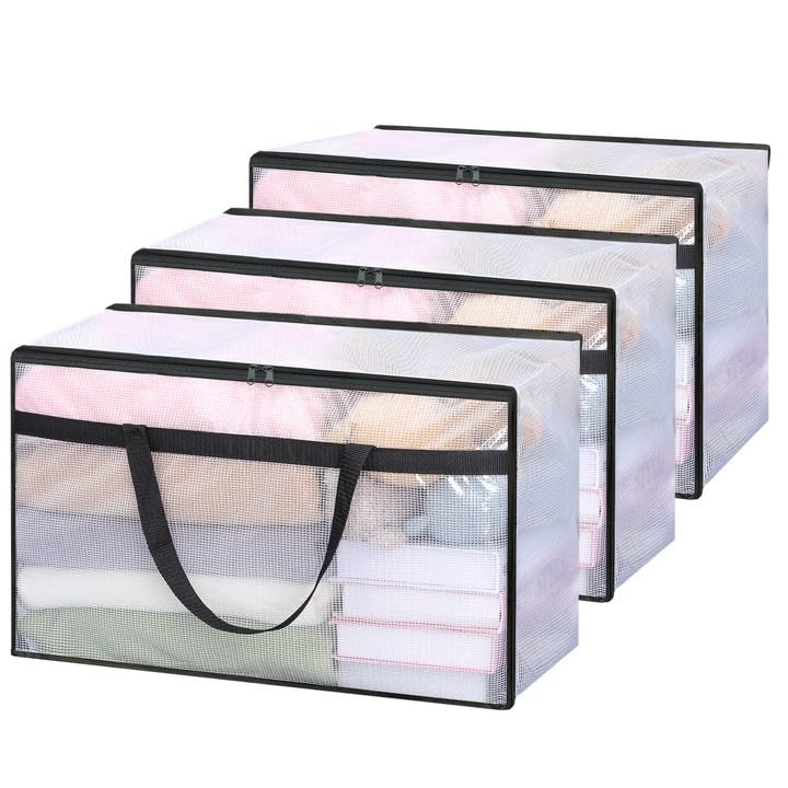 Vieshful 3 Stück 60L Faltbare Aufbewahrungstasche gross aus Transparentem PVC mit Reissverschluss &