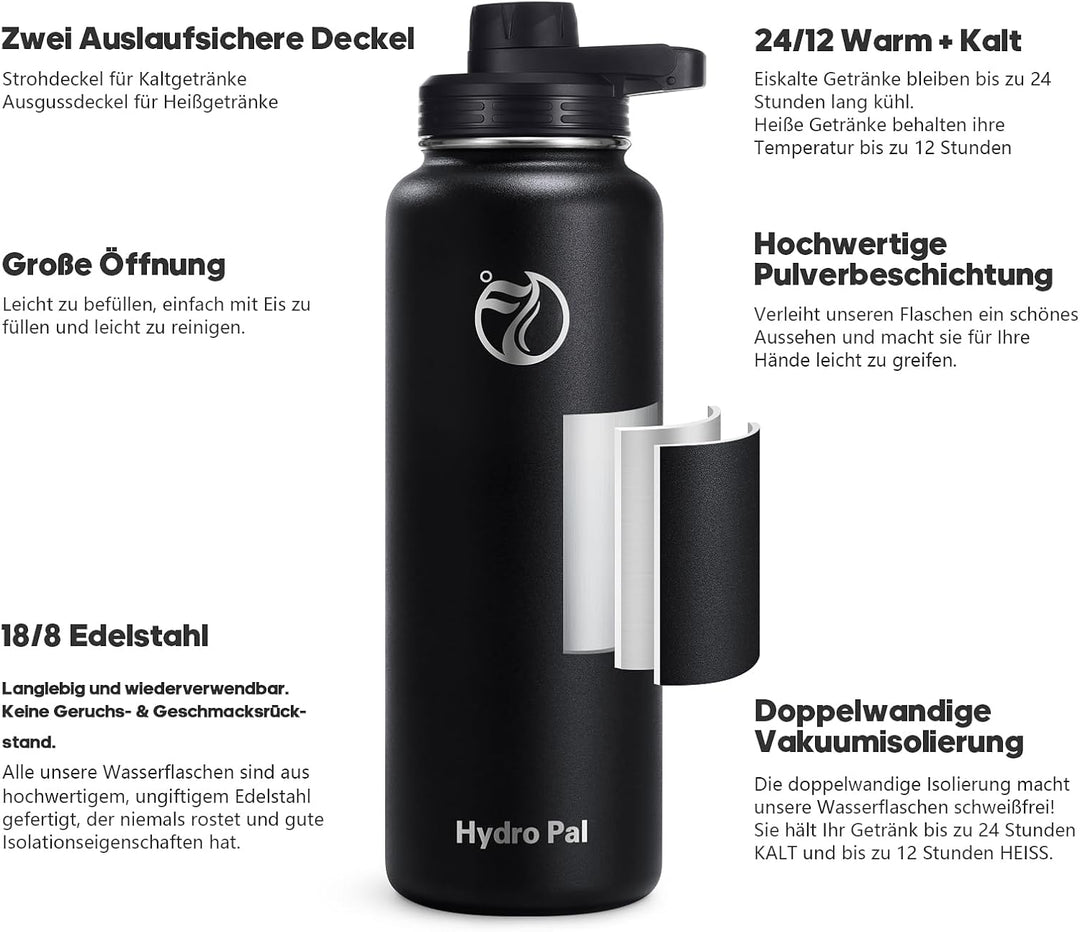 HydroPal Edelstahl Trinkflasche - 750ml, 1L, 1,2L, BPA-Frei, Kohlensäure geeignet, Isolierte Thermos