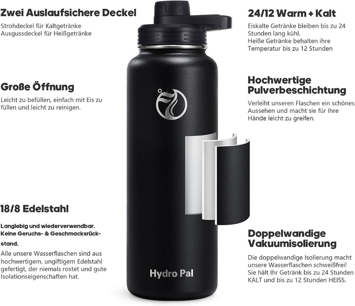 HydroPal Edelstahl Trinkflasche - 750ml, 1L, 1,2L, BPA-Frei, Kohlensäure geeignet, Isolierte Thermos