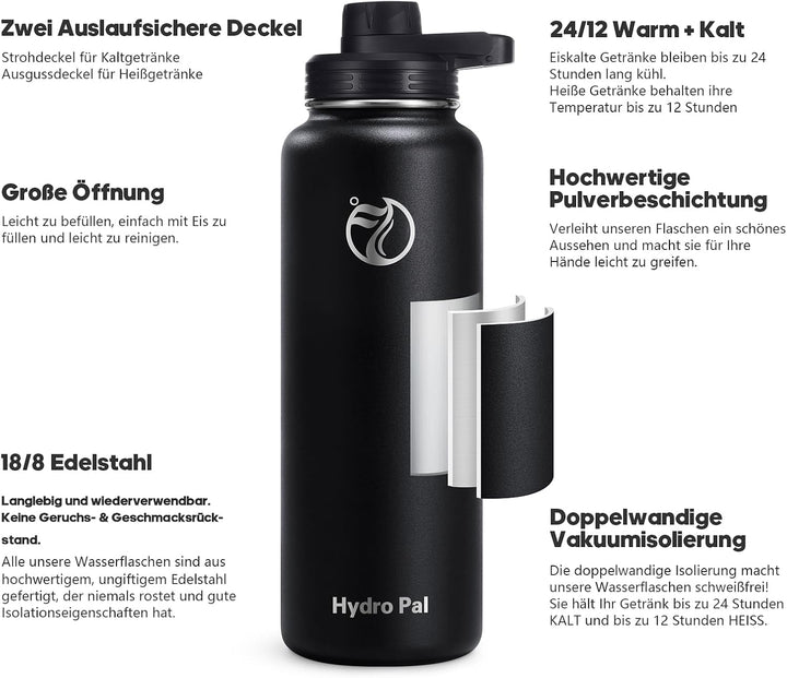 HydroPal Edelstahl Trinkflasche - 750ml, 1L, 1,2L, BPA-Frei, Kohlensäure geeignet, Isolierte Thermos