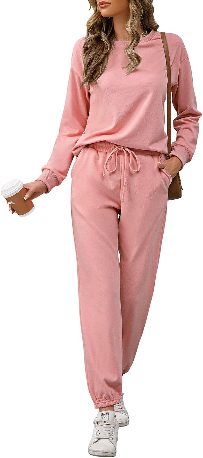 REORIA Damen Tracksuit Langarm Rundhalsausschnitt Einfarbig Zweiteiler Outfit Hoodie Jogger Training