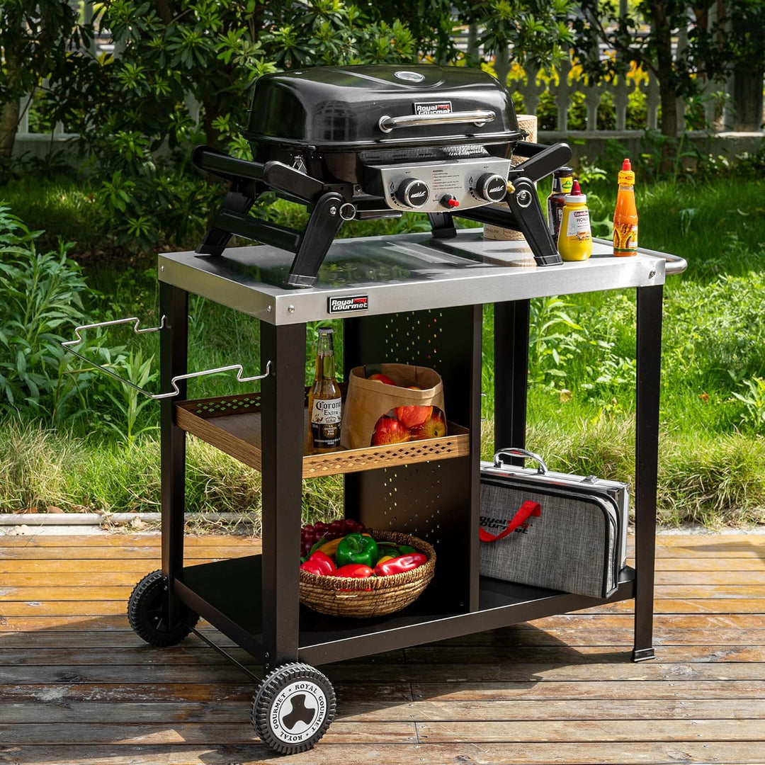Royal Gourmet Grilltisch mit 85x50 cm Edelstahlplatte 3-Etage Grillwagen für Tischgrill und Pizzaöfe