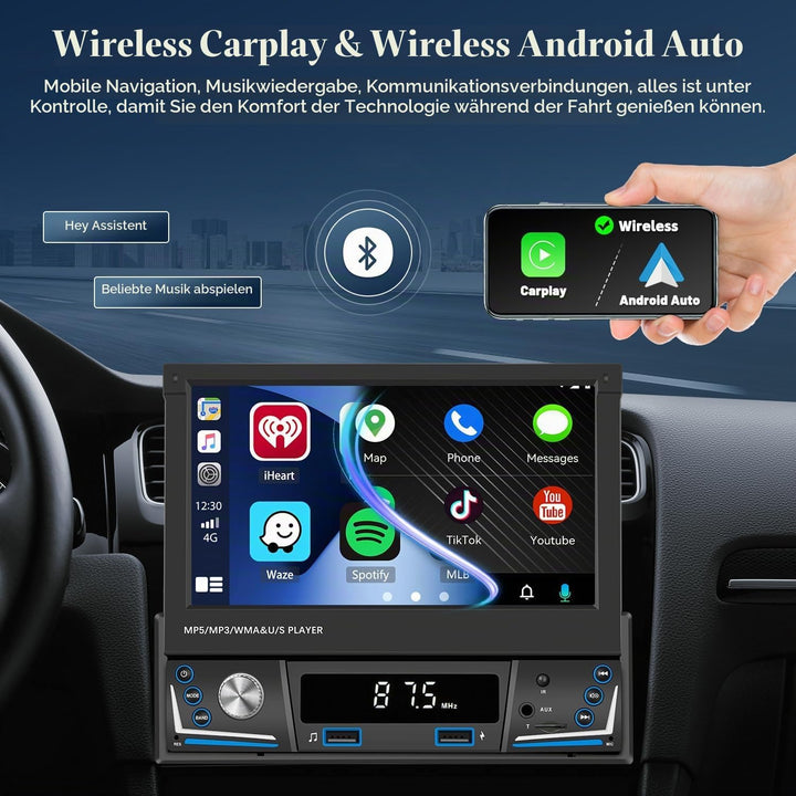 Hikity AM FM Autoradio 1 Din Wireless Carplay Android Auto, Touch Screen 7 Zoll Ausfahrbarem Display