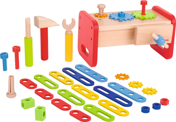 goki 58501 - Werkbank aus Holz & Kunststoff, Holzspielset für Heimwerker inkl. Hammer, Schrauben, Dr