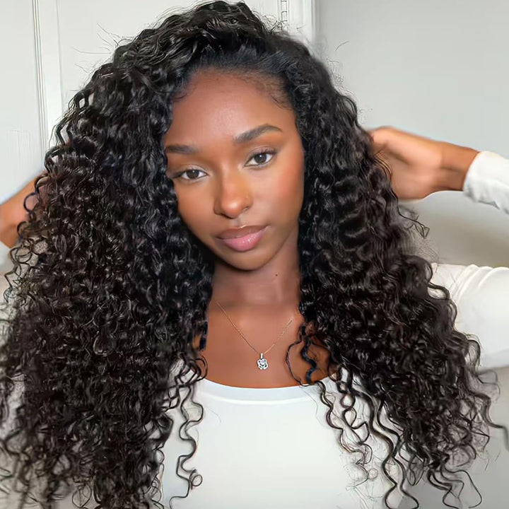 Tunfine Curly Half Wig Echthaar perücke 200 Dichte Water Wave 3 in 1 Seamless Flip Over Wigs Perücke