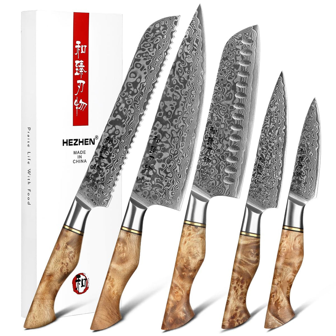 HEZHEN Damast Messer Set 5PCS, Japanischen Stil Damaskus Stahl Küchenmesser Santoku, Brot Universalm