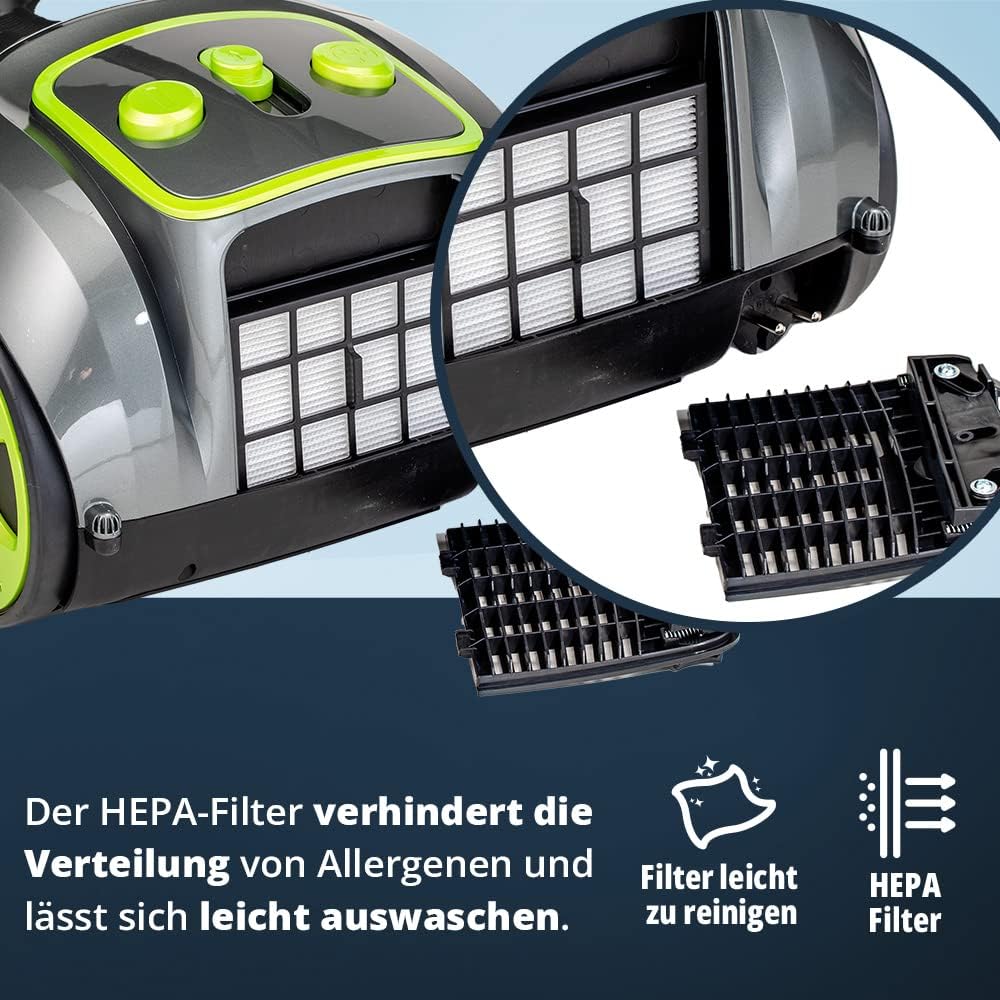 KHG BS-706MT Staubsauger mit Beutel in Grün/Grau mit 700W, 16060 Pa Saugkraft, HEPA-Filterschutz, Ko