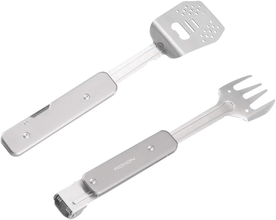 Roxon 4 in 1 kompaktes Mini BBQ Grill-Set mit Spatel, Gabel, Zange und Flaschenöffner für Wandern Ca
