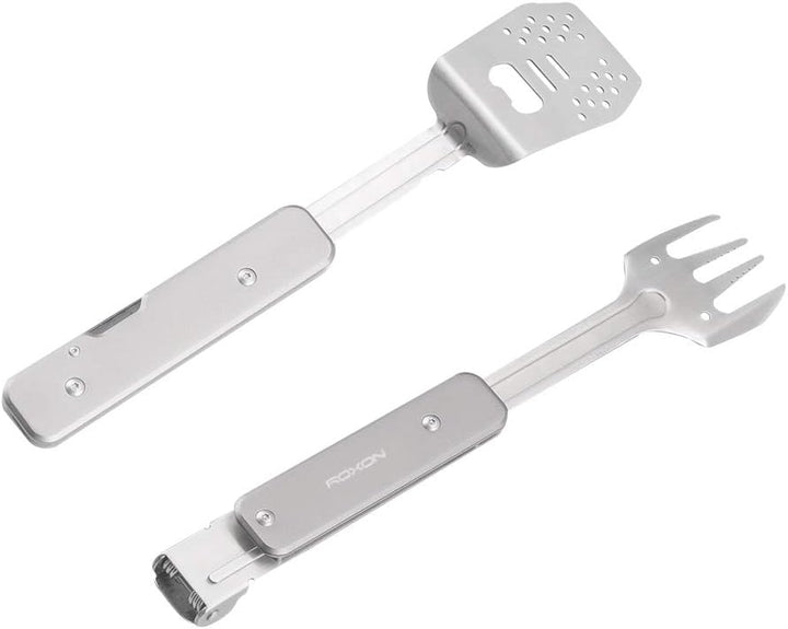 Roxon 4 in 1 kompaktes Mini BBQ Grill-Set mit Spatel, Gabel, Zange und Flaschenöffner für Wandern Ca