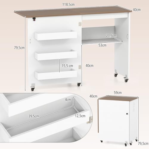 GIANTEX Nähtisch klappbar, Nähmaschinentisch auf Rollen, Nähtisch für Nähmaschine, Nähschrank Holz,