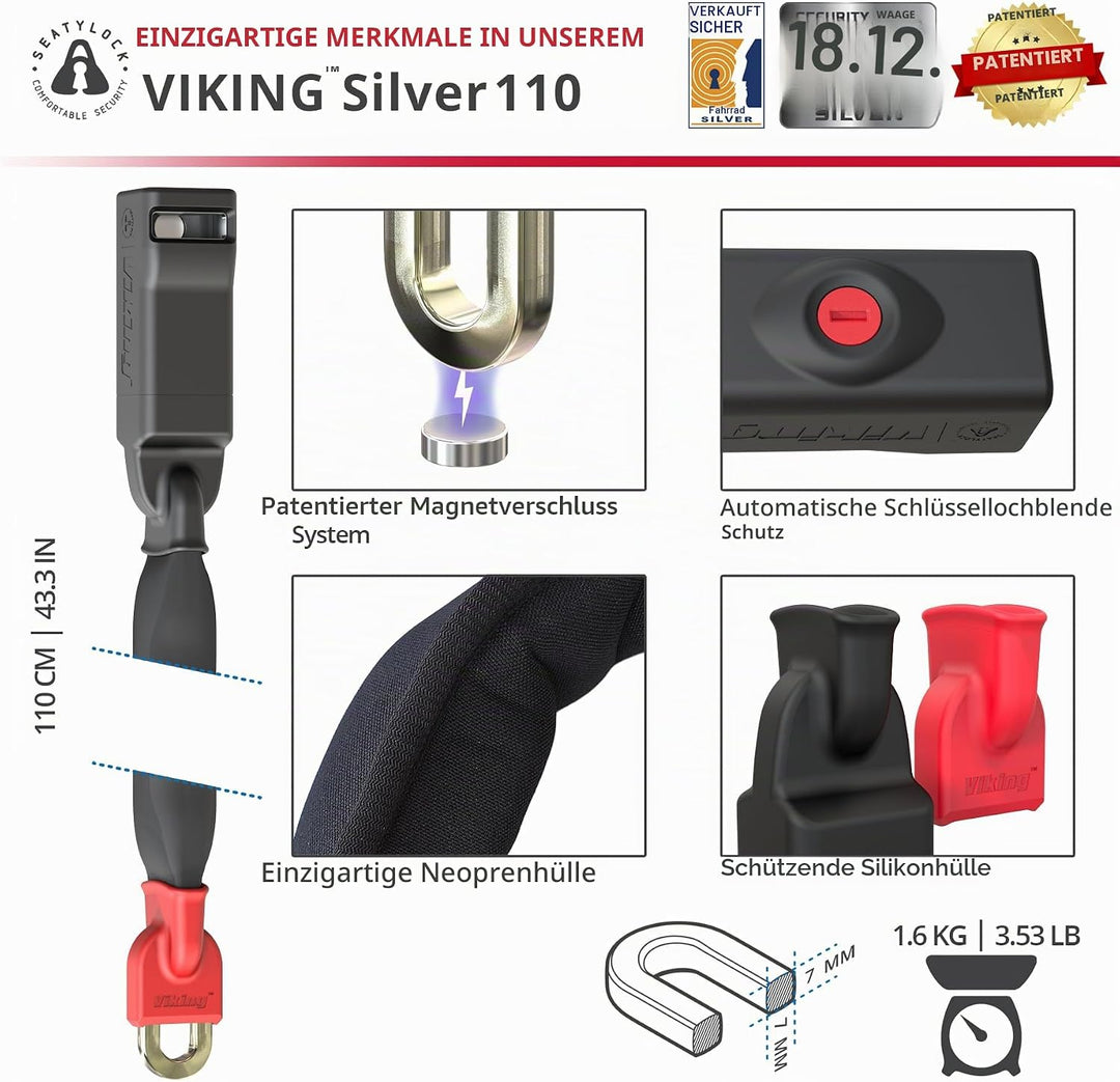 Seatylock Viking Fahrrad Kettenschloss mit Schlüssel – Patentiertes diebstahlsicheres Fahrradschloss