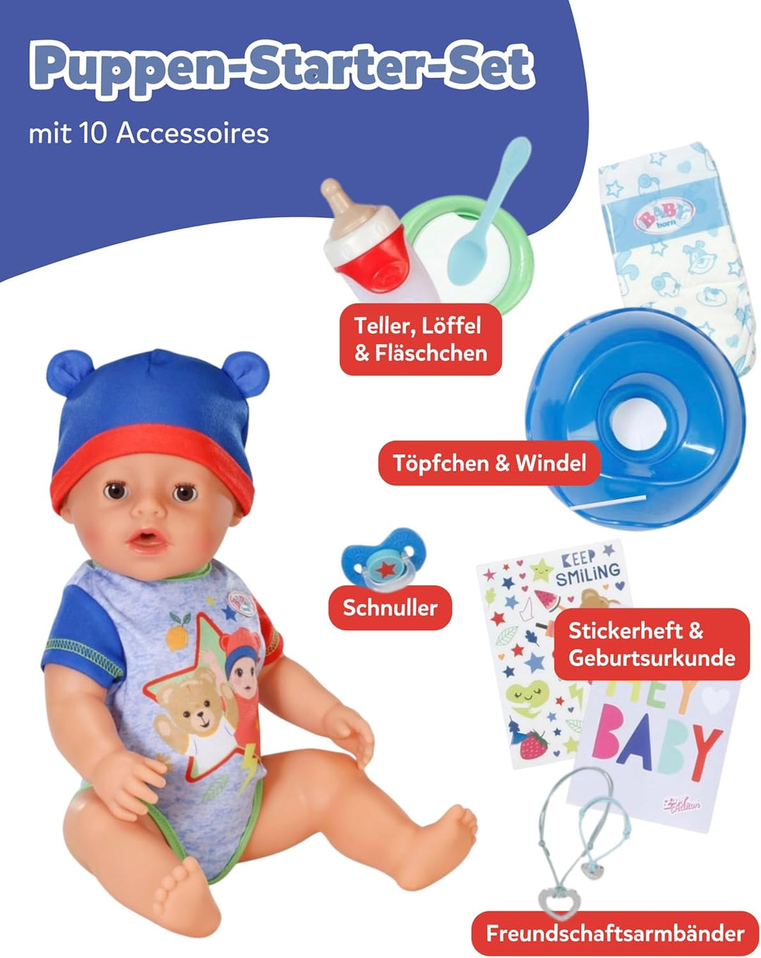 BABY born 836415 Jonas 43cm, Babypuppe mit 10 Funktionen und Accessoires, für Kinder ab 3 Jahren, fu