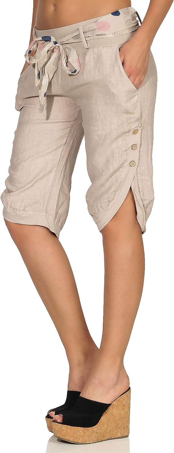 Malito Damen Kurze Hose aus Leinen - Caprihose in Unifarben - feine Freizeithose mit Gürtel - Stoffh