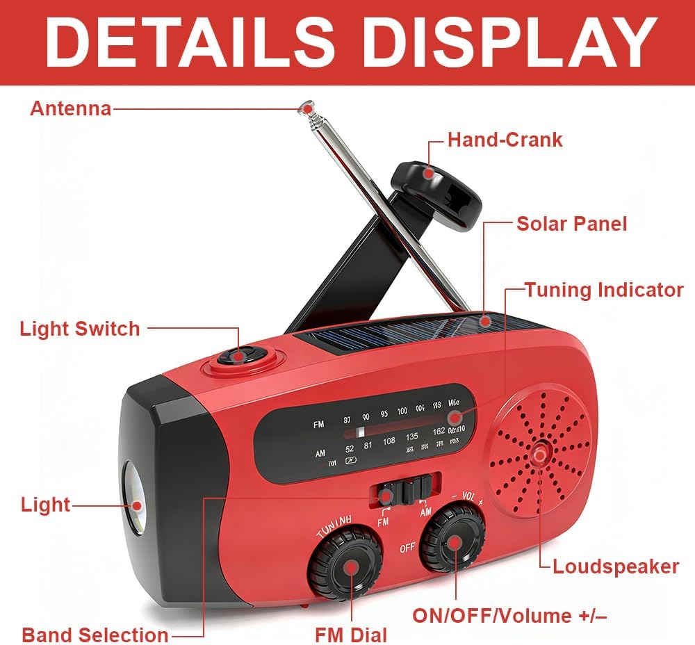 Notfallradio mit Kurbel und Solar, Tragbares Kurbelradio mit LED-Taschenlampe, Aufziehbares Solar No