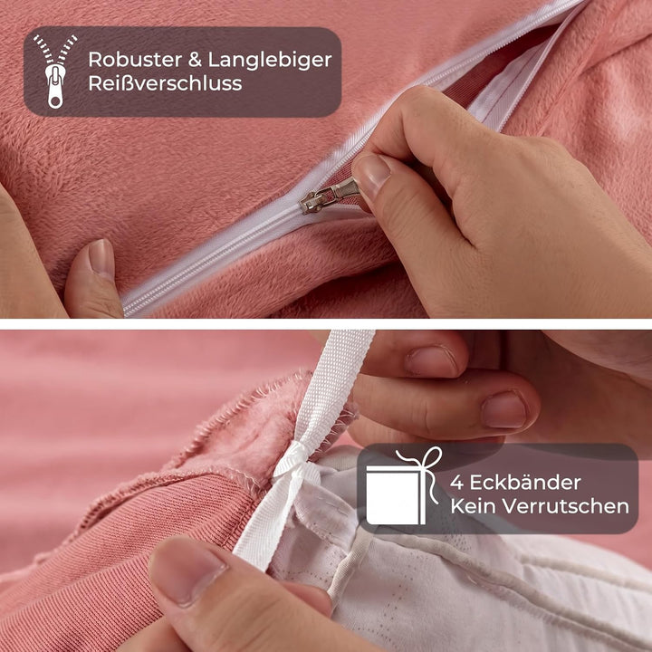 Soifox Winter Flanell bettwäsche 135 x 200 - Rosa Flauschige und warme Cashmere Touch Bettbezug + Ki