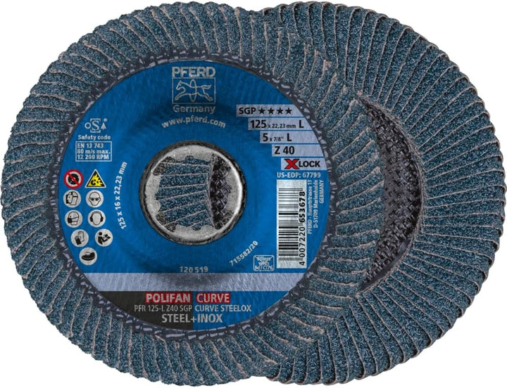 PFERD Fächerscheibe POLIFAN CURVE, 10 Stück, 125mmx14mm, Z40, X-LOCK (22,23 mm), SGP STEELOX, 676890