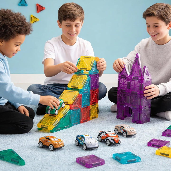 93 PCS Magnetic Tiles Mini Magnetic Building Tiles with Cars, Travel Magnetic Tiles with Storage Bag