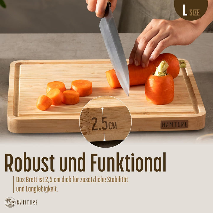Schneidebrett Bambusholz (Cutting Board) L (33 × 24 × 2,5 cm) – Stirnholz, extra dick, Premium-Öl, m